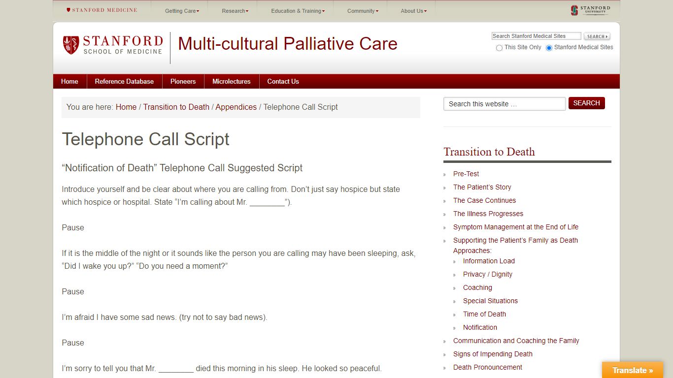 Telephone Call Script - Multi-cultural Palliative Care Portal